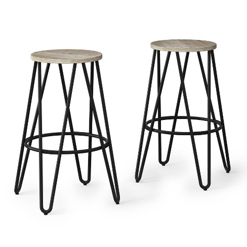 26 Set Of 2 Kendall Metal Counter Height Barstools With Wood Seat Natural Black Wyndenhall, Metal Bar Stools With Leather Seats