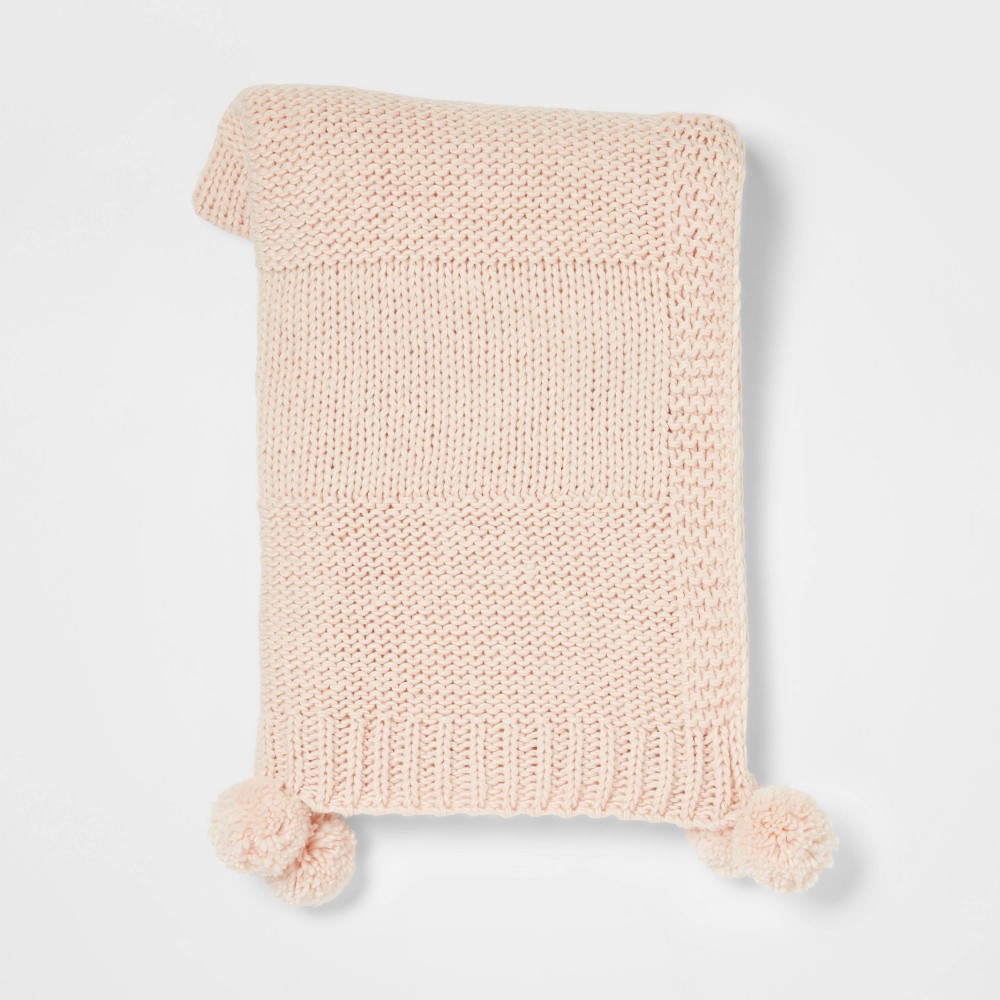 Chunky Knit Throw Blanket with Pom-Poms Blush - Threshold