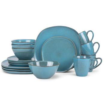 Elanze Designs 16-Piece Modern Chic Smooth Handmade Shape High Gloss Ceramic Stoneware  Kitchen Dinnerware 16 Piece Set - Service for 4, Turquoise