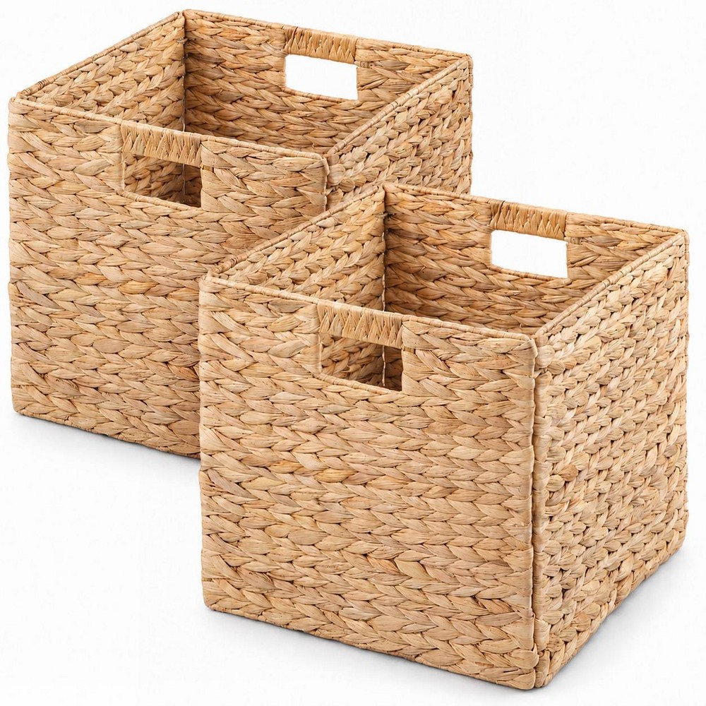 SOL HOME Set of 2 Square Water Hyacinth Folding Decorative Storage Baskets for Closet and Cabinets