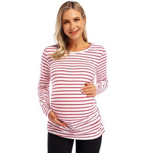 BLUEMING Womens Maternity Shirts Long Sleeve Crew Neck Basic Tank Tops Side Buttons Pregnant Shirts - 1 of 4