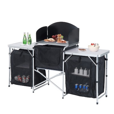 Outsunny Aluminum Portable Camping Kitchen Fold-Up Cooking Table With Windscreen and 3 Enclosed Cupboards for BBQ Party Picnics Backyards