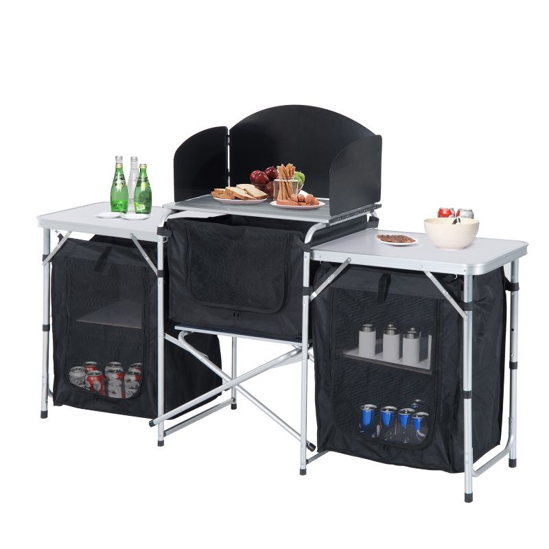 Outsunny Aluminum Portable Camping Kitchen Fold-Up Cooking Table With Windscreen and 3 Enclosed Cupboards for BBQ, Party, Picnics, Backyards, 4 of 9