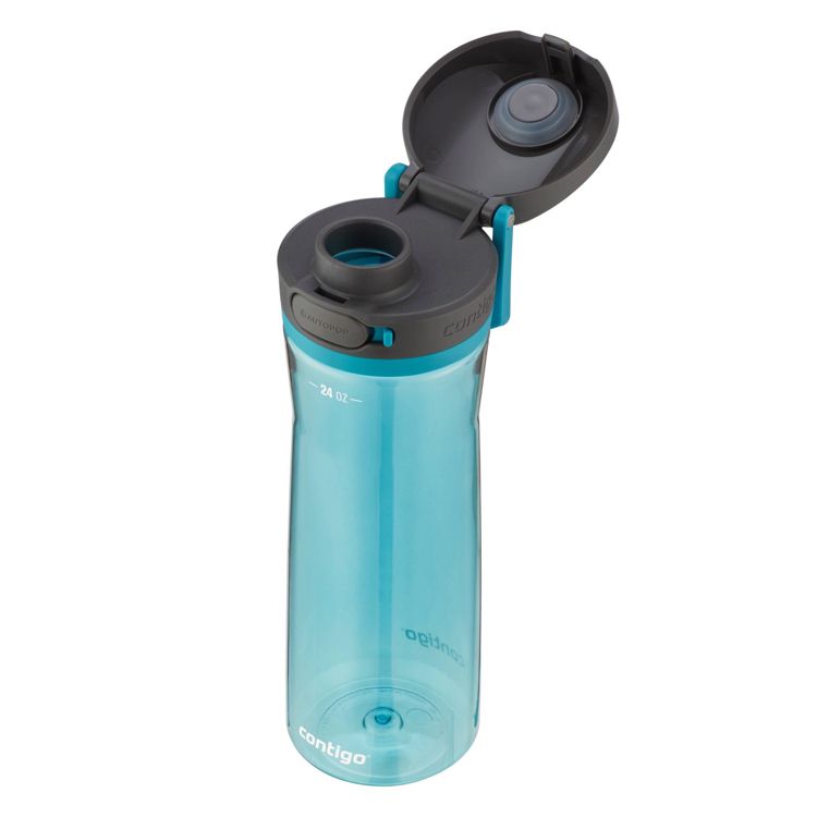 A blue colored water bottle with a black lid, marked with "24 oz" on the side.