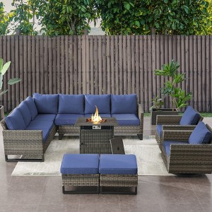 Buenhomino 8 Pieces Outdoor Patio Furniture Set with Fire Pit,L-Shaped Modular Sectional Couches with Swivel Patio Chairs,Wicker Conversation Set - 1 of 4