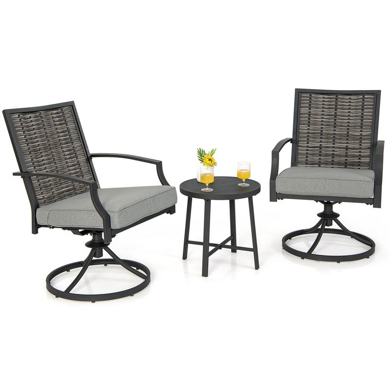 Costway 3 PCS Patio Swivel Chair Set Coffee Table Wicker Cushioned Seat Balcony Porch, 4 of 11