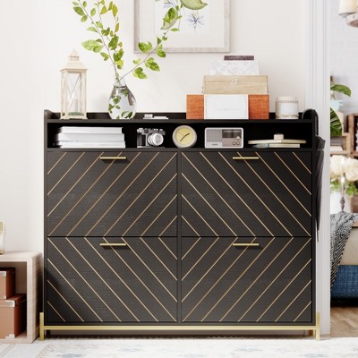 RISOKEYS Freestanding Shoe Storage Cabinet with 4 Flip Drawers,and doors shoe cabinets with Metal Legs & 2 Open Shelves for Entryway，