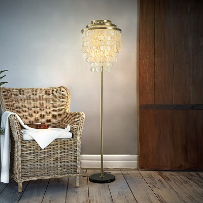 ALOADECOR H70 in Coastal Tiered Capiz Seashell Floor Lamp in Antique Brass Finish Farmhouse Natural White Shells Floor Lamp for  Bedroom
