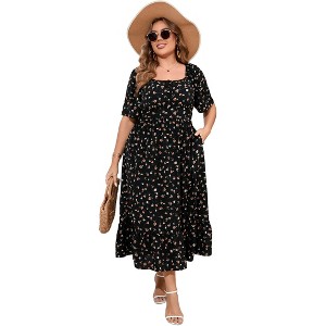 YESFASHION Womens Plus Size Square Neck Floral Print Summer Dress Ruffle Short Sleeve Tie Front Slit Hem Boho Maxi Dress - 1 of 4