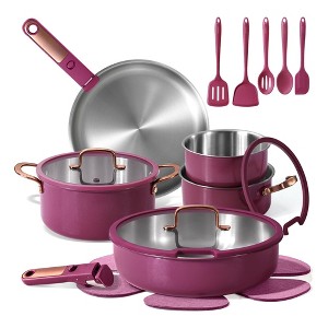 Aoibox 19-Piece Tri-Ply Stainless Steel Cookware Set with Detachable Handles, Induction Compatible Pots & Pans, Oven Safe, Ceramic Coated, Purple - 1 of 4