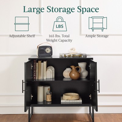 Black Engineered Wood Slatted Storage Cabinet with Metal Legs