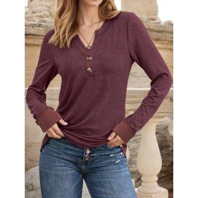 Women's 2025 Fall Long Sleeve Henley Top Dressy Casual V-Neck Blouse Trendy Loose Fit Button Up Shirts Cute T-Shirt
