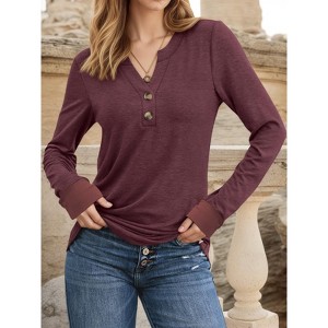 Women's 2025 Fall Long Sleeve Henley Top Dressy Casual V-Neck Blouse Trendy Loose Fit Button Up Shirts Cute T-Shirt - 1 of 4