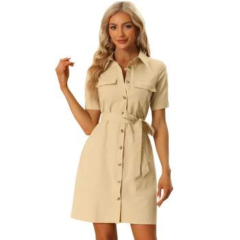 PRETTYGARDEN Women's Casual Summer Button Down Shirt Dress Collared V Neck  Short Sleeve Belted Pocket Dresses (Beige,Small) at  Women's Clothing  store