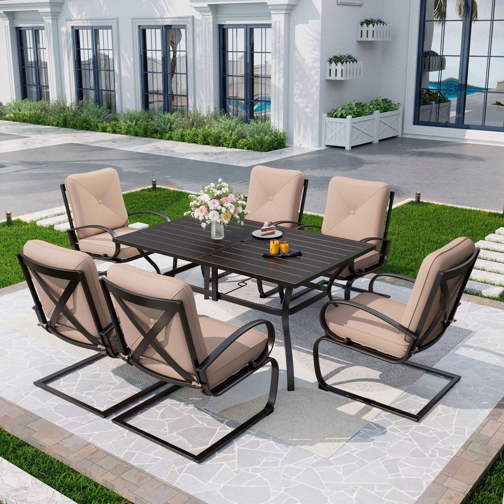 Photos - Dining Table 7pc Patio Dining Set with Rectangular Table with Umbrella Hole & Spring Motion Chairs - Beige - Captiva Designs: Weather-Res