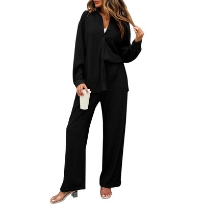 Womens Two Piece Long Sleeve Button Down Shirt Casual Outfits Pleated Wide Leg Pants Streetwear Set