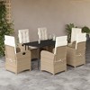 vidaXL 7 Piece Patio Dining Set with Cushions Beige Poly Rattan - Reclining Garden Chairs & Tempered Glass Table - 2 of 4