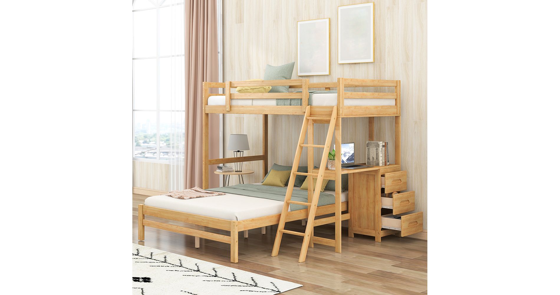 Twin Over Full Bunk Bed for Kids, Low Bunk Bed with Ladder and Guardrail, Wood Platform Bed Frame with Storage Drawers for Kids Teens Adults Brown
