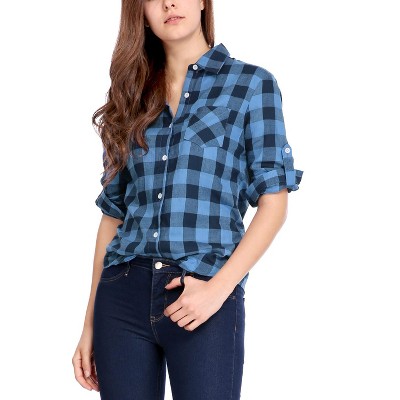 Allegra K Women's Long Sleeves Buttoned Up Roll Up Plaids Shirt Blue X-Large