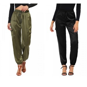 Allegra K Women's Drawstring Elastic High Waist Cargo Pocket Silky Satin Pants 2 Packs - 1 of 4