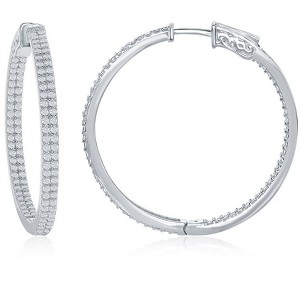 Bella Silver Sterling Silver 3x40mm Inside-Outside Double Row CZ Hoop Earrings - Silver - 1 of 2