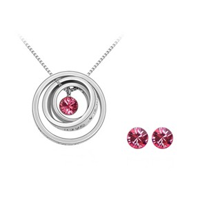 Rose Red Jewelry Set - Triple Rings Pendant Necklace and Earrings - 1 of 4
