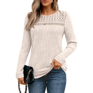 BLUEMING Womens Tunics Lace Long Sleeve Shirt Ribbed Hollow Out Fall Top Casual Tunic Sweaters Mesh Clothes - 1 of 4
