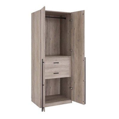 Rustic Gray 2-Door Hinged Wardrobe Closet with Metal Handles