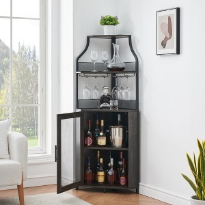 Corner Wine Bar Rack Cabinet with Detachable Wine Rack, Home Bar Cabinet with Barn Door and Adjustable Shelf - 1 of 4