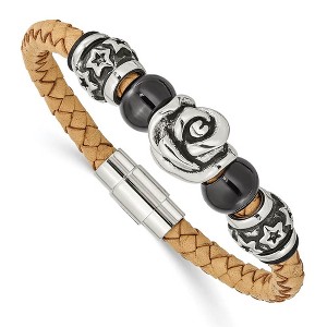 Black Bow Jewelry Light Tan Leather and Stainless Steel Beads Bracelet, 7.5 Inch - 1 of 4