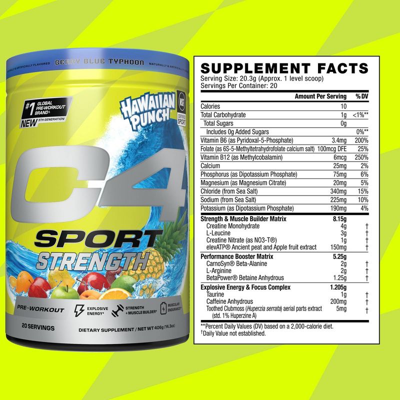 Cellucor C4 Sport Strength Pre-Workout - Hawaiian Punch Berry Blue Typhoon - 14.3oz/20 Servings, 3 of 9