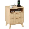 Modern Nightstand with USB Charging Station - Wood Fluted Bedside Table with 2 Drawers & Open Shelf - Electrical Outlets - 2 of 4