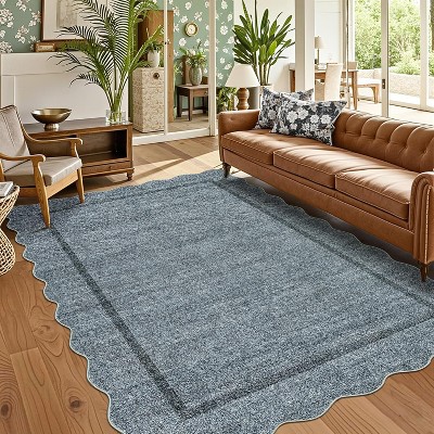Washable Non-Slip Runner Rug - Soft  Scalloped Carpet for Kitchen, Entryway, Bedroom, Bath, Laundry & Hallway - Stain Resistant