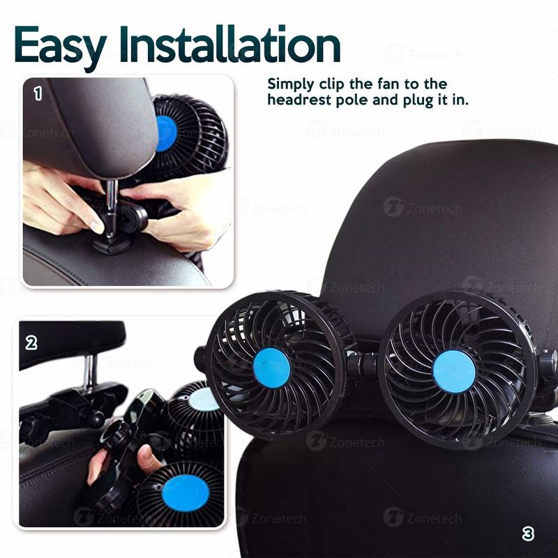 Zone Tech 12V Dual Head Car Auto Electric Cooling Air Fan for Rear Seat - Powerful Quiet 2 Speed 360 Degree Rotatable 12V Ventilation Rear Seat, 4 of 8