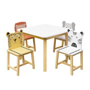 Kids Table and Chair Set, Kids Wooden Table with 4 Chairs, Cartoon Animal Pattern Chairs with Backrests, Cute Table and Chair Set - 1 of 4