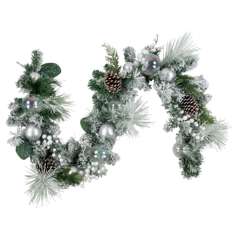 Northlight 6' Flocked Pine Artificial Christmas Garland with Iridescent Ornaments, Unlit, 1 of 7