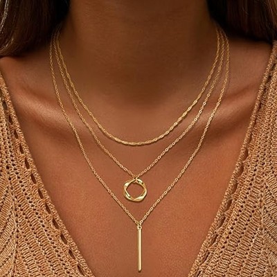 HTUTWOO Multi-Layered Circle Long Stick Necklace, Stylish Stackable Gold Necklace Non Tarnish, for Women Jewelry Gifts