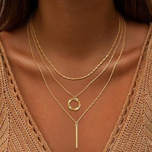 HTUTWOO Multi-Layered Circle Long Stick Necklace, Stylish Stackable Gold Necklace Non Tarnish, for Women Jewelry Gifts - 1 of 4