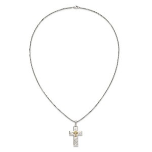 Chisel Stainless Steel Brushed Polished and Hammered Yellow IP-plated with Cubic Zirconia Cross Pendant Necklace 24" Box Chain - 1 of 4