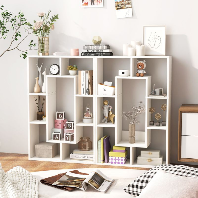 Tangkula 35.5” Geometric Bookshelf Open-back Bookcase w/ 7 Cubes Free-standing Storage Shelf Unit w/ Anti-Toppling Devices Gray/Natural/White, 4 of 10