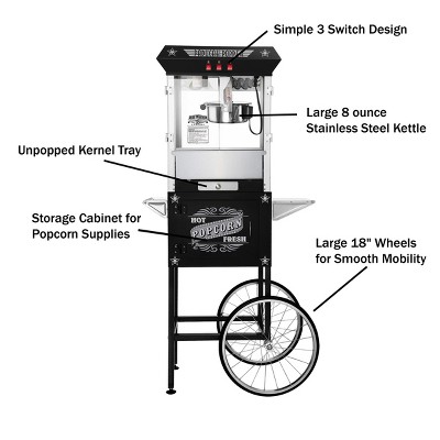 Black Antique-Style Popcorn Machine with Cart and Stainless Steel
