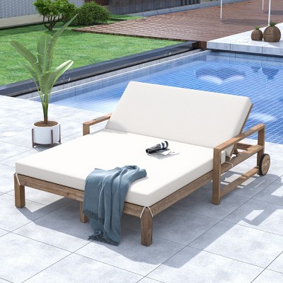 Outdoor 1-Piece Wooden Sunbed, Outdoor Daybed Seating 2 People for Poolside, Sunbed with Wood Frame and Polyester Cushion-Coolbibila