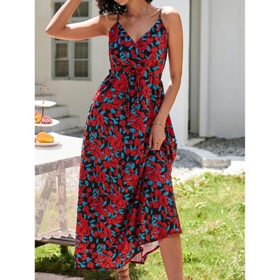Womens Spaghetti Straps Summer Dresses Floral Sleeveless Beach Dress V Neck Drawstring High Waist A Line Casual Maxi Dress