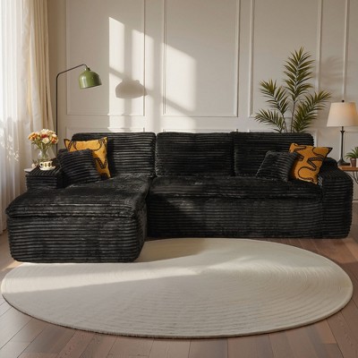 XIZZI No Assembly Sectional Sofa Set w/ Chaise - Plush/Corduroy Fabric, High-Resilience Foam, Beige/Black/Gray - Ships Compressed & Ready to Use