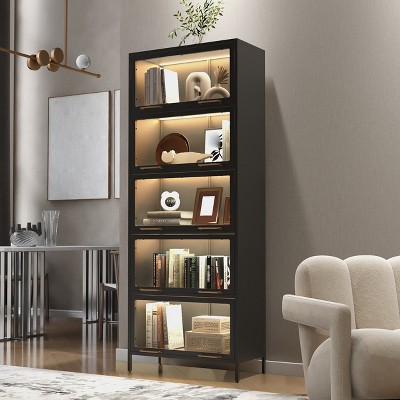 78" Tall Display Cabinet with Glass Doors, 5-Tier Metal Freestanding Curio Cabinet, Versatile Kitchen Pantry Cabinet, Display Bookshelf for Home