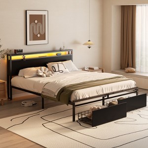 Aheaplus Platform Bed with Hidden Drawers, Storage Headboard, LED Light, and Charge Station - 1 of 4