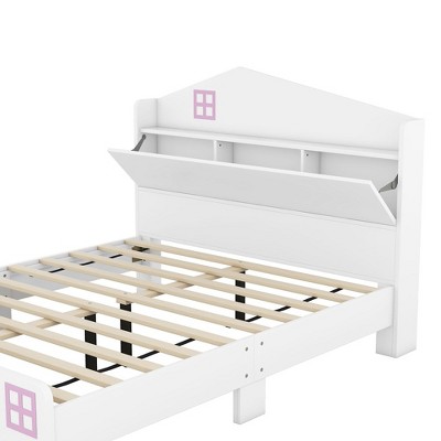 Platform Bed, Wood Full Size Platform Bed Frame with Storage Headboard and Wood Slat Support, Wood Modern House Style Bed for Kids Grown-ups, White