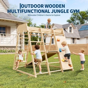 Indoor/Outdoor Wooden Jungle Gym for Kids 1-8 - Slide, Swing, Monkey Bars, Rope Ladder, Climb Net & Upright, Heavy Duty Climbing Playset - 1 of 4