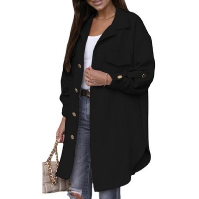 Coolmee Women's Long Trench Coats Single-Breasted Classic Notched Lapel Overcoat Rolled Long Sleeve Slim Outerwear Jackets with Pockets L Black