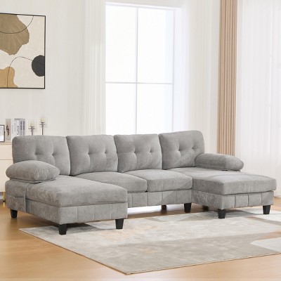 103.5" Chenille U-Shaped Sectional Sofa with Dual Chaise,Tufted Back & Storage Pockets for Living Room-Baofuwish